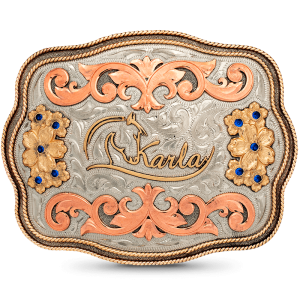 A custom belt buckle for women featuring a personalized logo or ranch brand, adorned with copper scrolls, flowers, on a natural finish german silver base